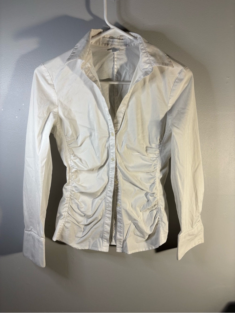 Express White Ruched Button-Front Women's Shirt